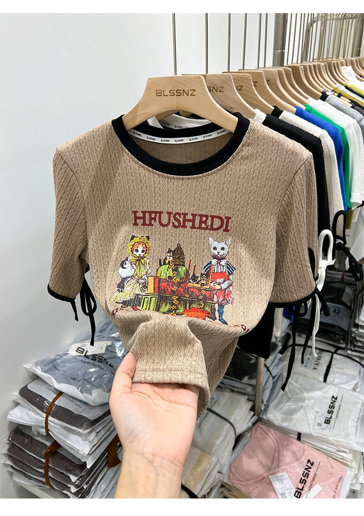 2023 Retro Animal Short-Sleeved T-Shirt Female Summer New Chic Print Design Sense Niche Tops Half-Sleeve