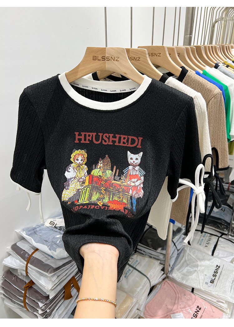 2023 Retro Animal Short-Sleeved T-Shirt Female Summer New Chic Print Design Sense Niche Tops Half-Sleeve - imaget 6