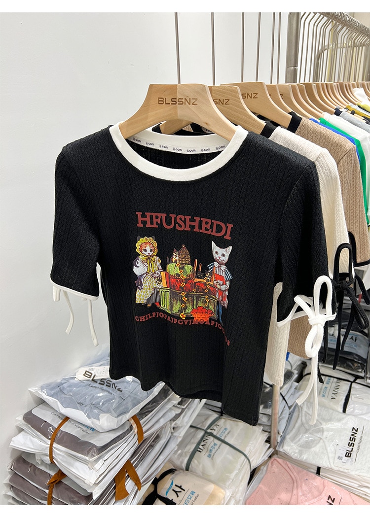 2023 Retro Động Vật Áo Thun Nữ Tay Ngắn Nữ Mùa Hè Mới Sang Trọng Thiết Kế In Hình Cảm Giác Hốc Áo Nửa Tay