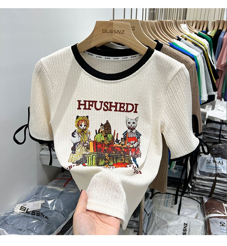 2023 Retro Động Vật Áo Thun Nữ Tay Ngắn Nữ Mùa Hè Mới Sang Trọng Thiết Kế In Hình Cảm Giác Hốc Áo Nửa Tay