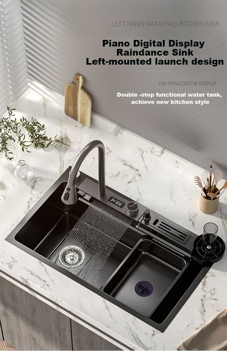 304 Stainless Steel Kitchen Waterfall Sink Digital Display Large Single Sink Dish Basin Sink With Multifunction Touch Waterfall - Images 6