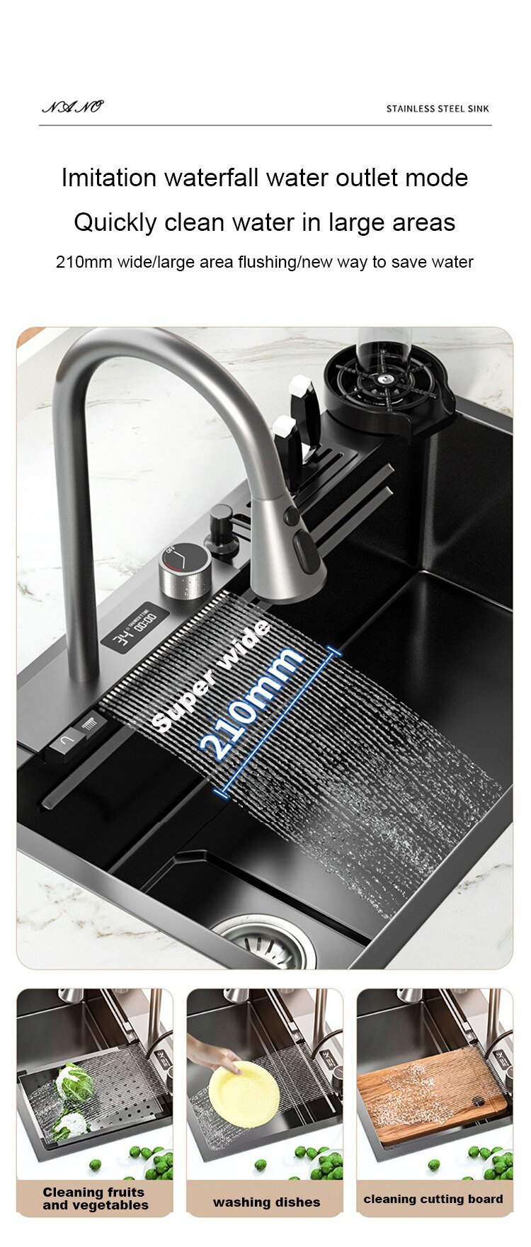 304 Stainless Steel Kitchen Waterfall Sink Digital Display Large Single Sink Dish Basin Sink With Multifunction Touch Waterfall - Images 10