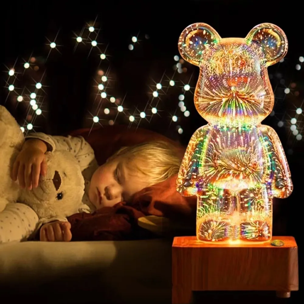 3D Fireworks Bear Night Light Projection Colorful USB Atmosphere Dimming Decor Room 3D Glass Fireworks Bedroom Decoration Lamp