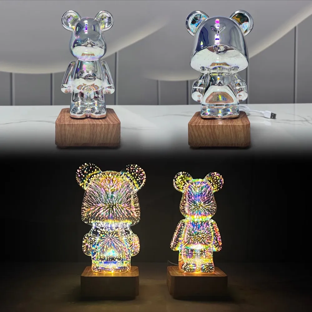 3D Fireworks Bear Night Light Projection Colorful USB Atmosphere Dimming Decor Room 3D Glass Fireworks Bedroom Decoration Lamp
