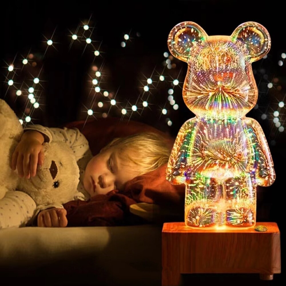 3D Fireworks Bear Night Light Projection Colorful USB Atmosphere Dimming Decor Room 3D Glass Fireworks Bedroom Decoration Lamp - Images 11