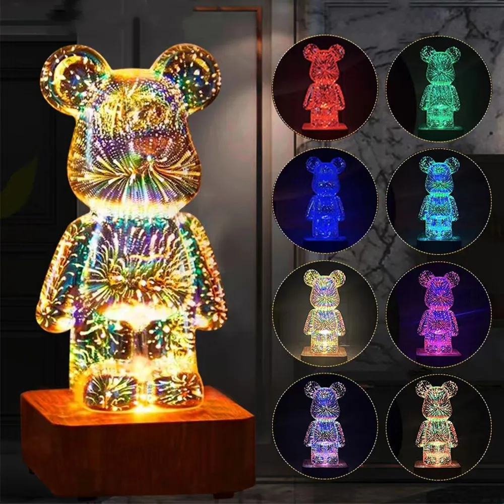 3D 불꽃 놀이 곰 밤 빛 프로젝션 다채로운 USB 분위기 디밍 장식 룸 3D 유리 불꽃 놀이 침실 장식 램프