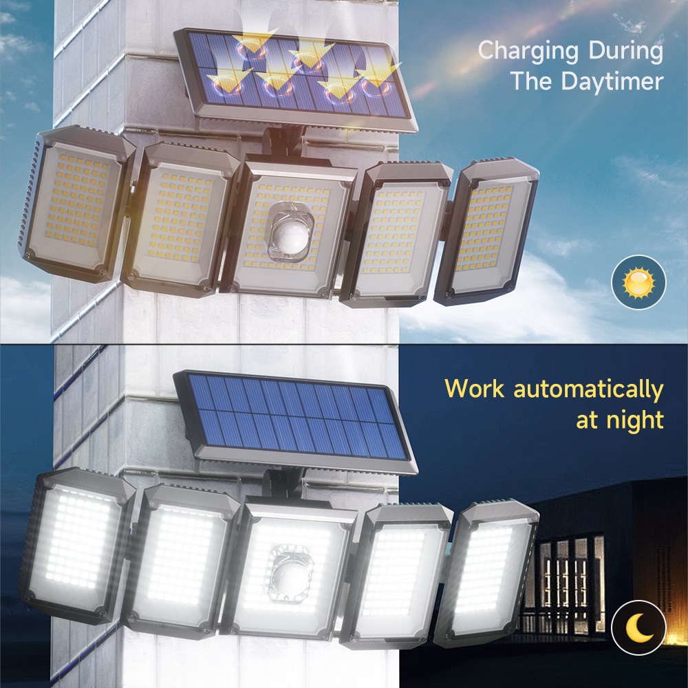5 Heads Solar 300 LED Light Outdoor Motion Sensor Waterproof Wide-angle Illumination Wall Lamp Garden Courtyard Street Lights
