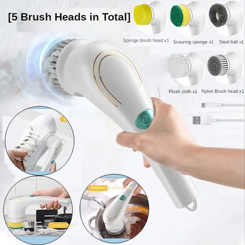 Electric Cleaning Brush 5-in-1 Multi-functional USB Charging Bathroom Wash Tool Kitchen Clean Accessories Easily Dishwashing
