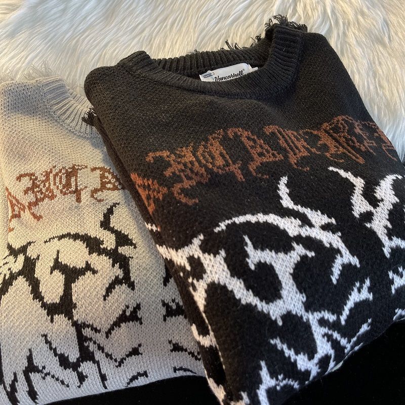 Gothic Letter Pullover Hip Hop Streetwear Bat Skeleton Print New  Knitted Sweater Menautumn Harajuku Cotton Sweater Women 2022 - Images 2