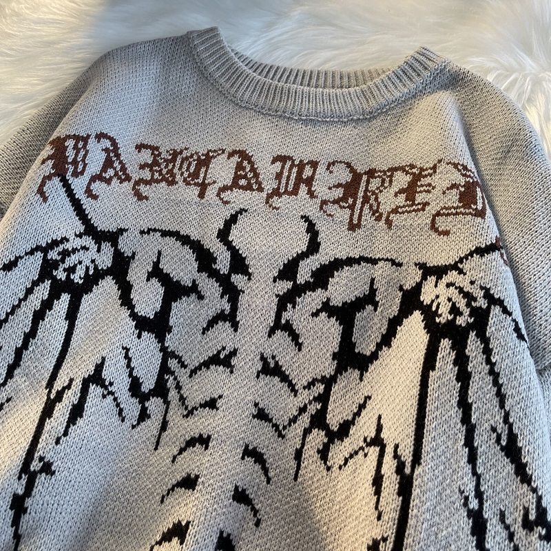 Gothic Letter Pullover Hip Hop Streetwear Bat Skeleton Print New  Knitted Sweater Menautumn Harajuku Cotton Sweater Women 2022 - Images 9