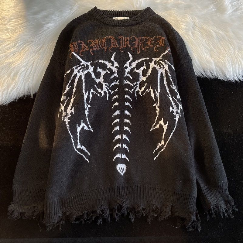 Gothic Letter Pullover Hip Hop Streetwear Bat Skeleton Print New  Knitted Sweater Menautumn Harajuku Cotton Sweater Women 2022 - Images 5