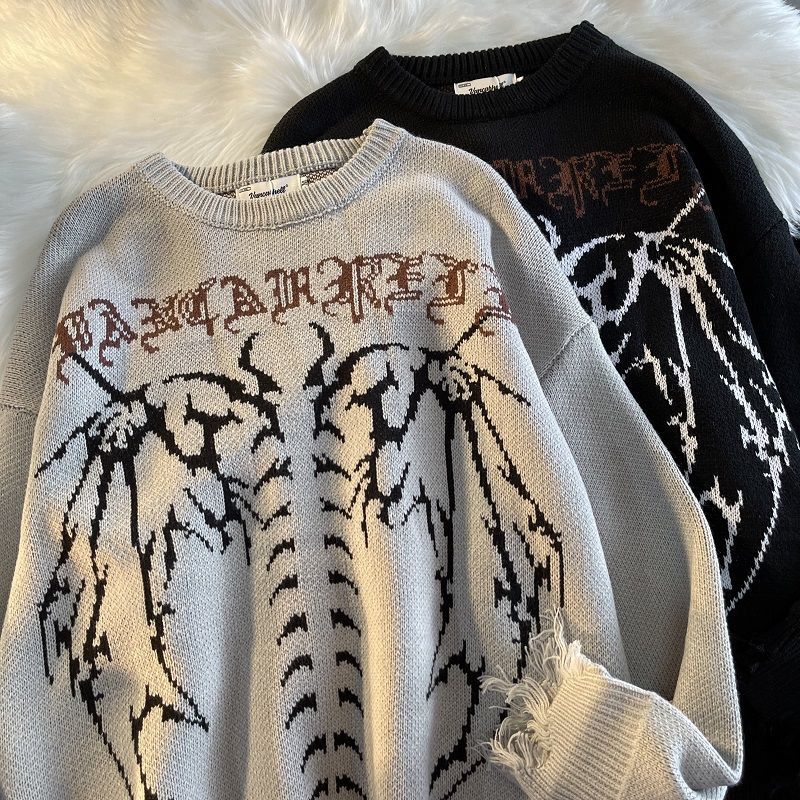 Gothic Letter Pullover Hip Hop Streetwear Bat Skeleton Print New  Knitted Sweater Menautumn Harajuku Cotton Sweater Women 2022 - Images 4