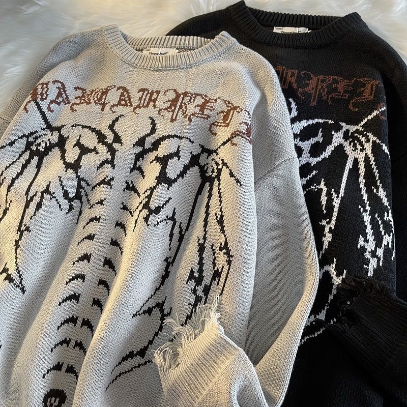 Gothic Letter Pullover Hip Hop Streetwear Bat Skeleton Print New  Knitted Sweater Menautumn Harajuku Cotton Sweater Women 2022 - Images 3