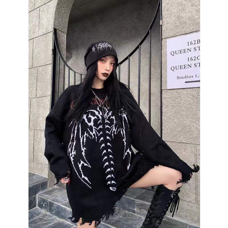 Gothic Letter Pullover Hip Hop Streetwear Bat Skeleton Print New  Knitted Sweater Menautumn Harajuku Cotton Sweater Women 2022