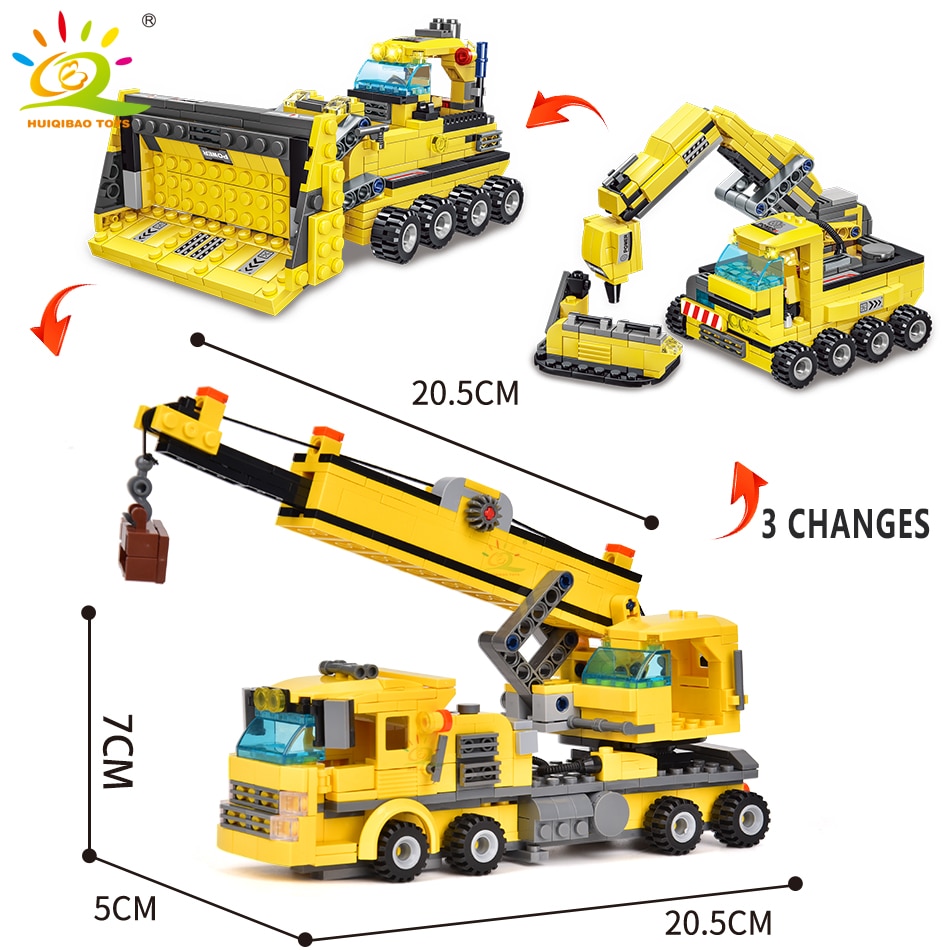 HUIQIBAO TOYS 693pcs 8in1 Engineering Truck Building Blocks Crane Bulldozer Car City Construction Bricks Set For Children Kids