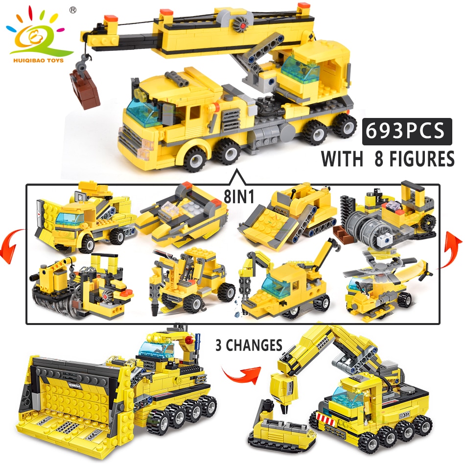 HUIQIBAO TOYS 693pcs 8in1 Engineering Truck Building Blocks Crane Bulldozer Car City Construction Bricks Set For Children Kids