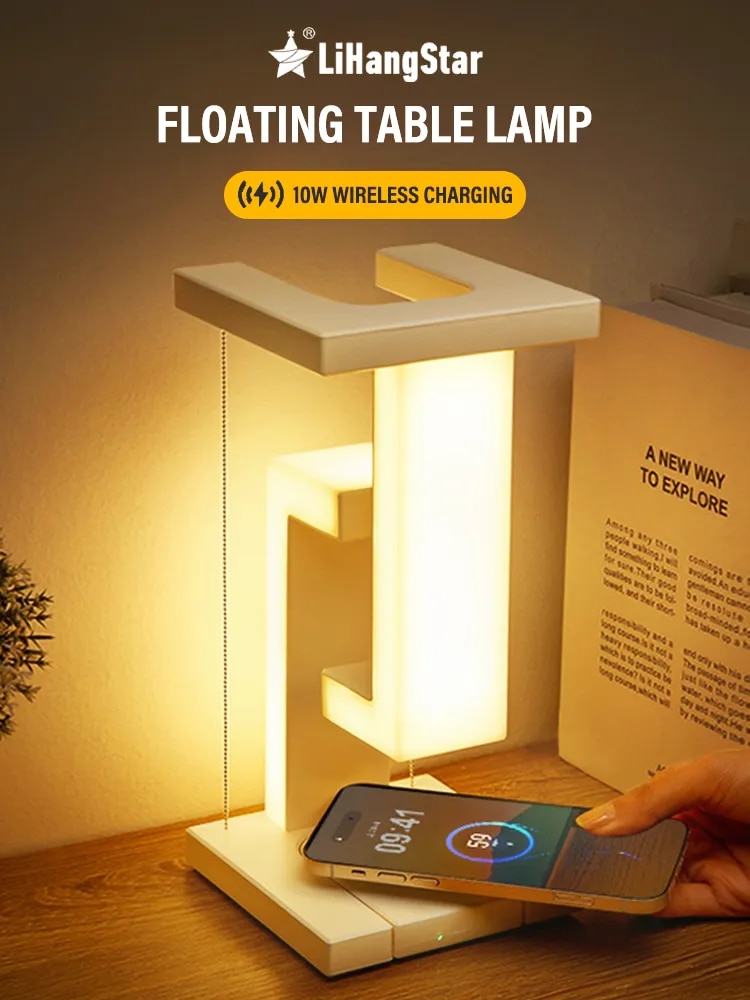 LED Suspended Anti-gravity Night Light with 10W Wireless Charger Desk Lamp Dimmable for Bedroom Bedside Desktop Decoration Gifts