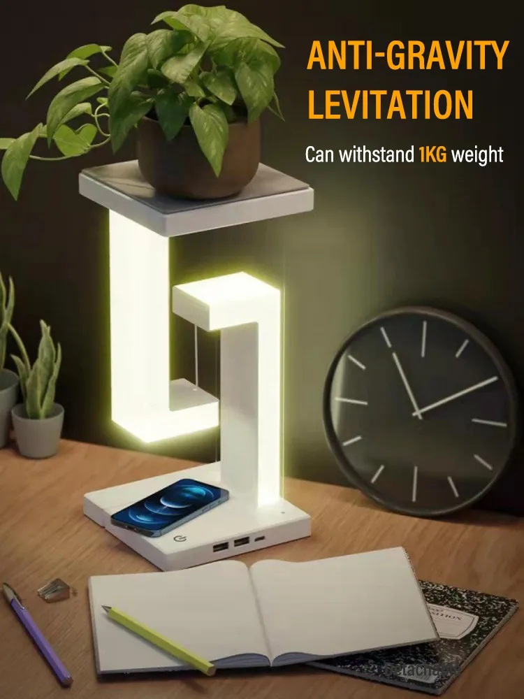 LED Suspended Anti-gravity Night Light with 10W Wireless Charger Desk Lamp Dimmable for Bedroom Bedside Desktop Decoration Gifts