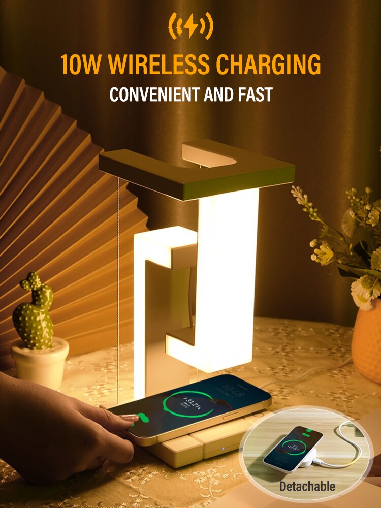 LED Suspended Anti-gravity Night Light with 10W Wireless Charger Desk Lamp Dimmable for Bedroom Bedside Desktop Decoration Gifts - Images 6