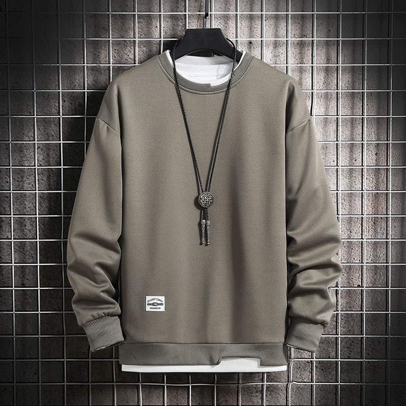 Mens Casual Sweatshirts Hoodie Men Fake Two Pieces Multi Color O-Neck Fashion Harajuku Style Male Sweatshirt 2023 New