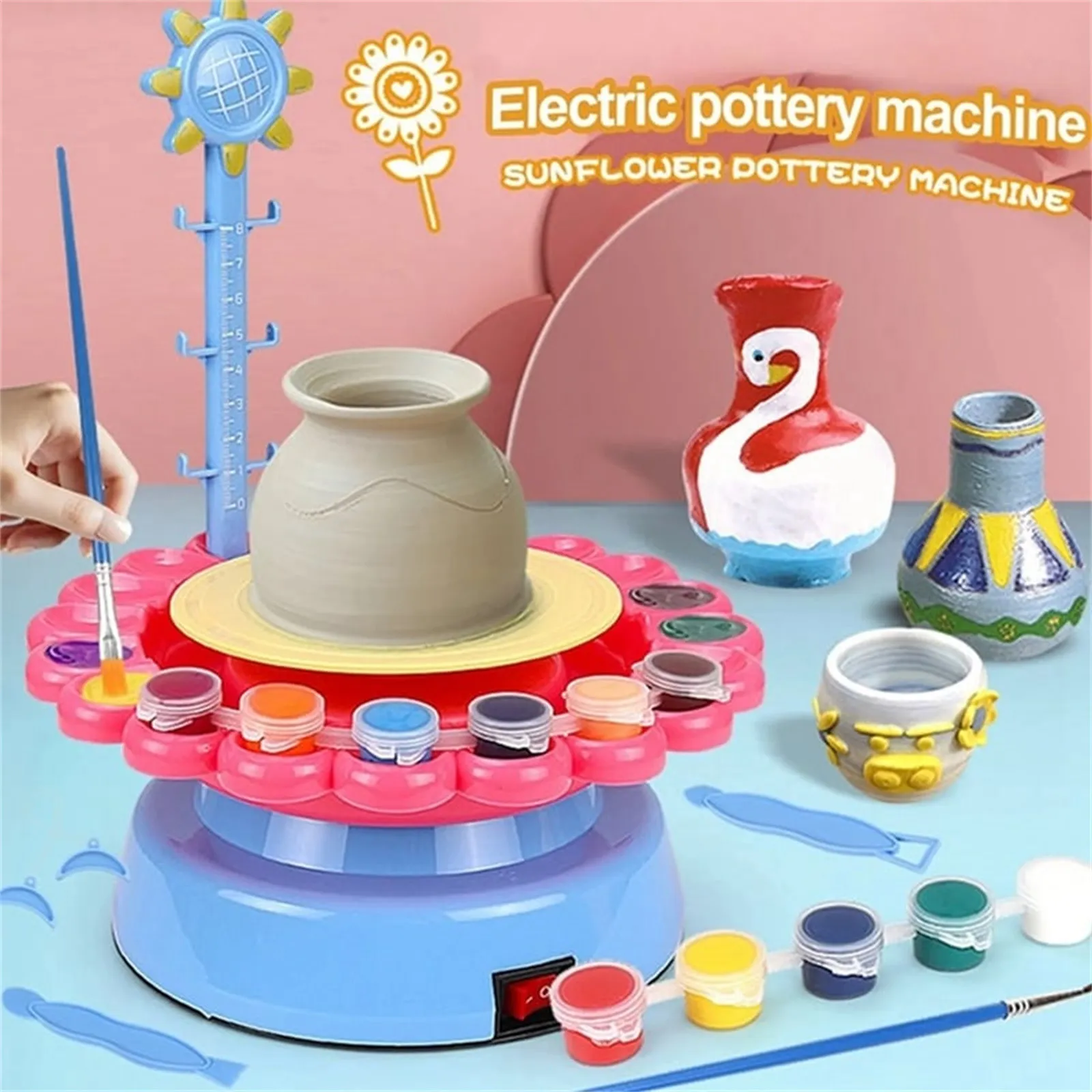 Mini Electric Pottery Machine Household Pottery Making Toy Interactive Game Diy Handicraft Ceramic Kit With Pigment Clay Kid Toy