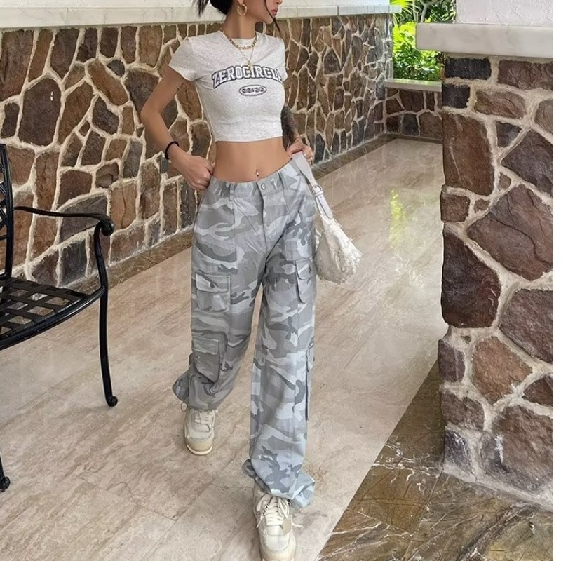 Mùa xuân và mùa thu Spice Girls High Street Đi chơi rộng Quần hàng ngày Ngụy trang In dây rút Thiết kế túi yếm