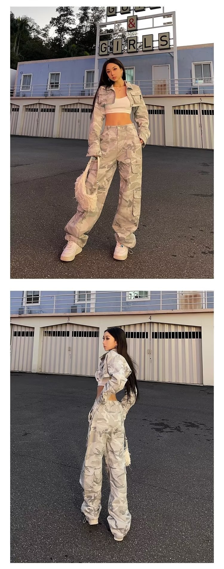 Mùa xuân và mùa thu Spice Girls High Street Đi chơi rộng Quần hàng ngày Ngụy trang In dây rút Thiết kế túi yếm - Ảnh 13