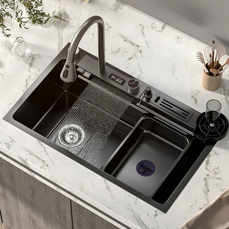 Nhà Bếp Bằng Thép Không Gỉ 304 Thác Tản Màn Hình Hiển Thị Kỹ Thuật Số Lớn Đơn Chậu Rửa Chén Đa Năng Cảm Ứng Thác Nước