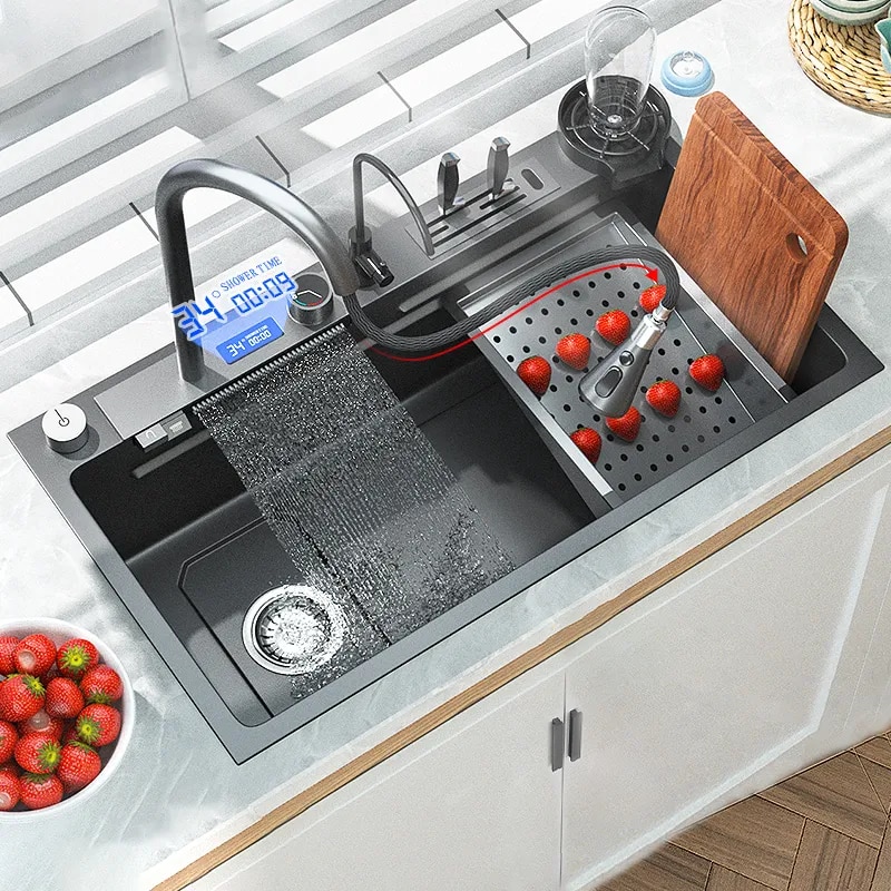 Nhà Bếp Bằng Thép Không Gỉ 304 Thác Tản Màn Hình Hiển Thị Kỹ Thuật Số Lớn Đơn Chậu Rửa Chén Đa Năng Cảm Ứng Thác Nước