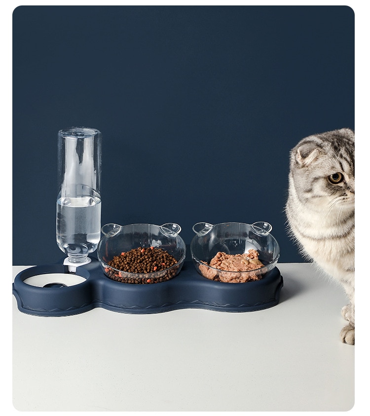 Pet Cat Bowl Automatic Feeder 3-in-1 Dog Cat Food Bowl With Water Fountain Double Bowl Drinking Raised Stand Dish Bowls For Cats - Images 5
