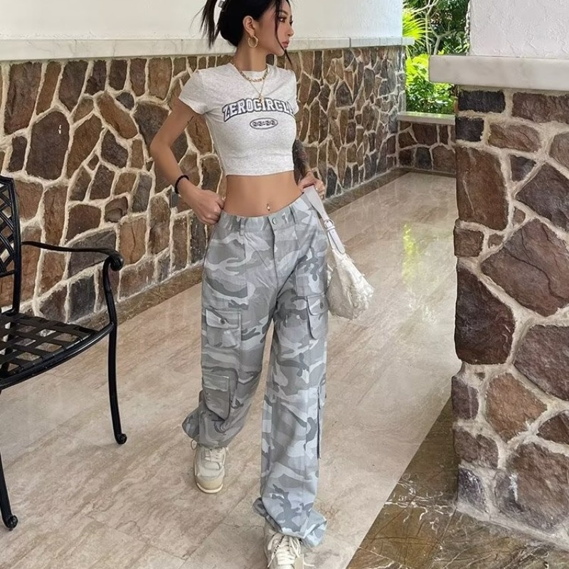 Spring And Autumn Spice Girls High Street Loose Outing Daily Pants Camouflage Print Drawstring Pocket Design Overalls