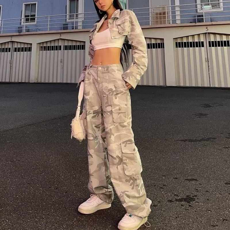 Spring And Autumn Spice Girls High Street Loose Outing Daily Pants Camouflage Print Drawstring Pocket Design Overalls