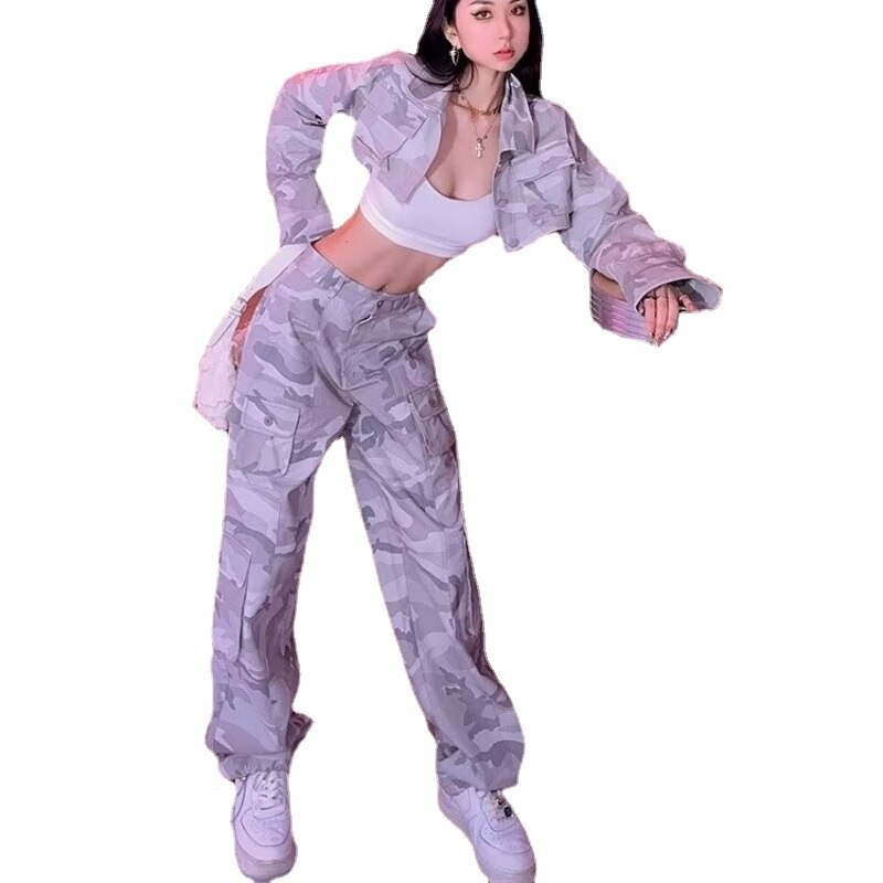 Spring And Autumn Spice Girls High Street Loose Outing Daily Pants Camouflage Print Drawstring Pocket Design Overalls