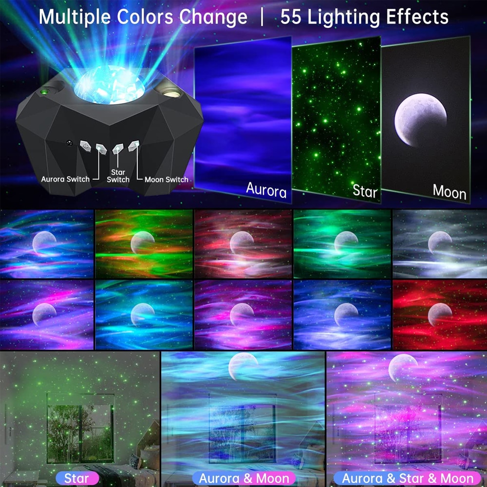 Star Lights Aurora Galaxy Moon Projector with Remote Control Sky Night Lamps Kids Adults Gifs Bluetooth Music Speaker Home Decor