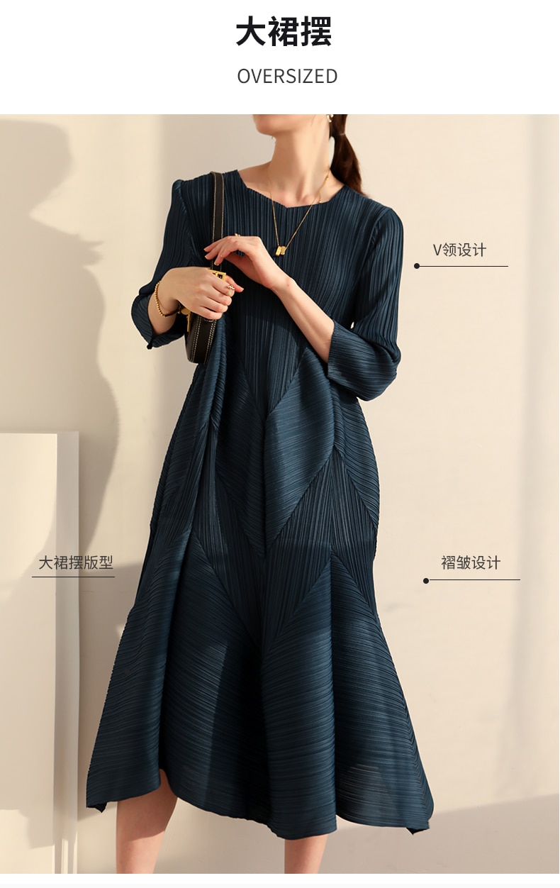 The new  Autumn Instagram-inspired Miyake pleated V-neck fashion European Street slimming mid-length dress - imaget 3