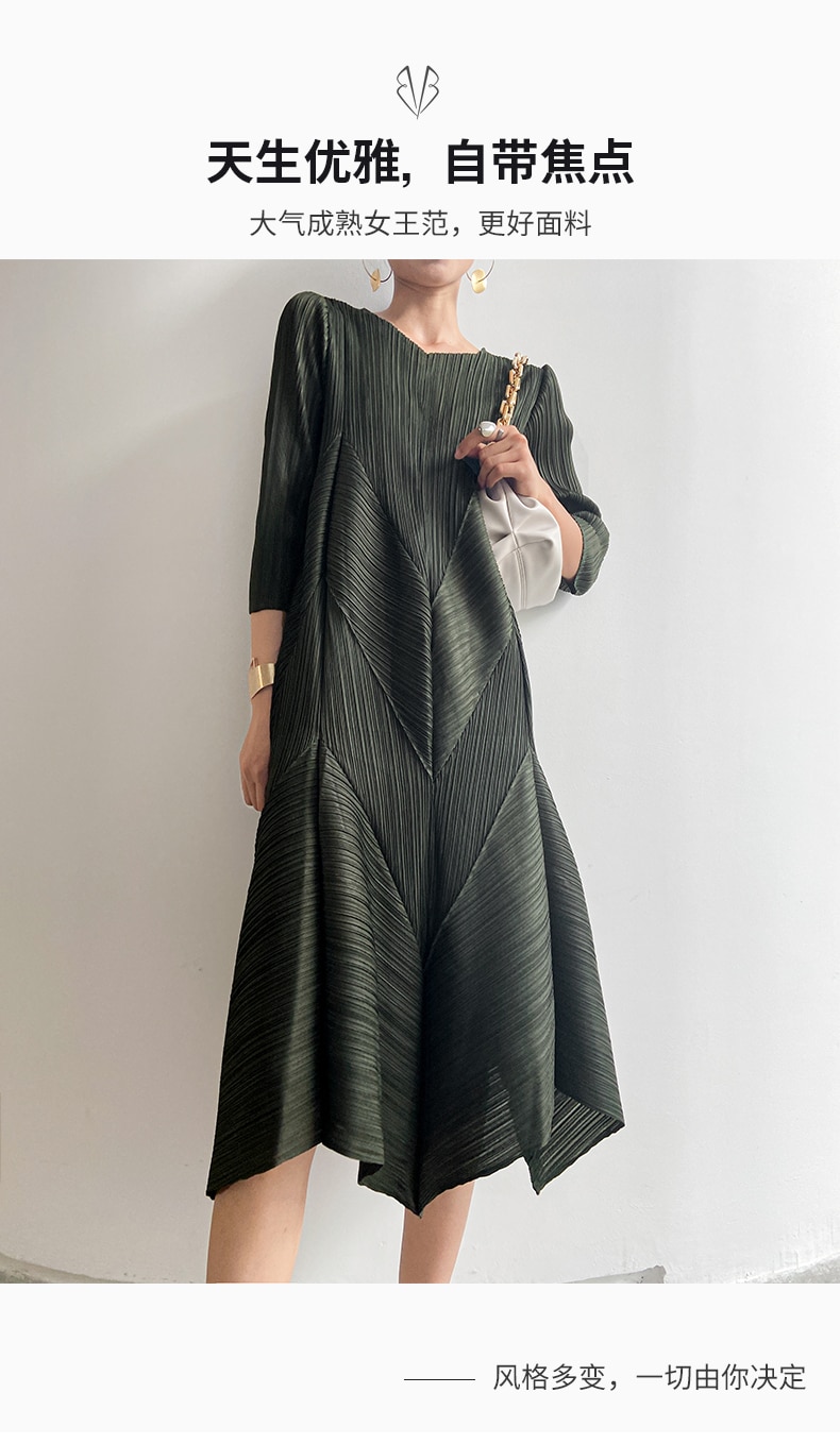 The new  Autumn Instagram-inspired Miyake pleated V-neck fashion European Street slimming mid-length dress - imaget 4
