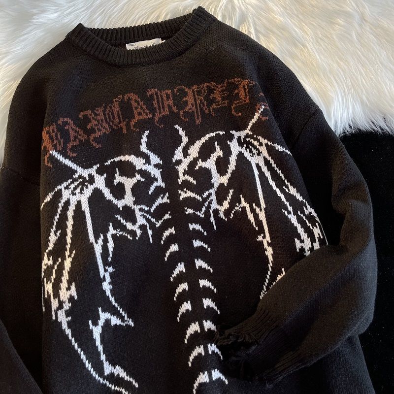 고딕 편지 풀오버 힙합 Streetwear 박쥐 해골 인쇄 새로운 니트 스웨터 Menautumn 하라주쿠 코튼 스웨터 여성 2022