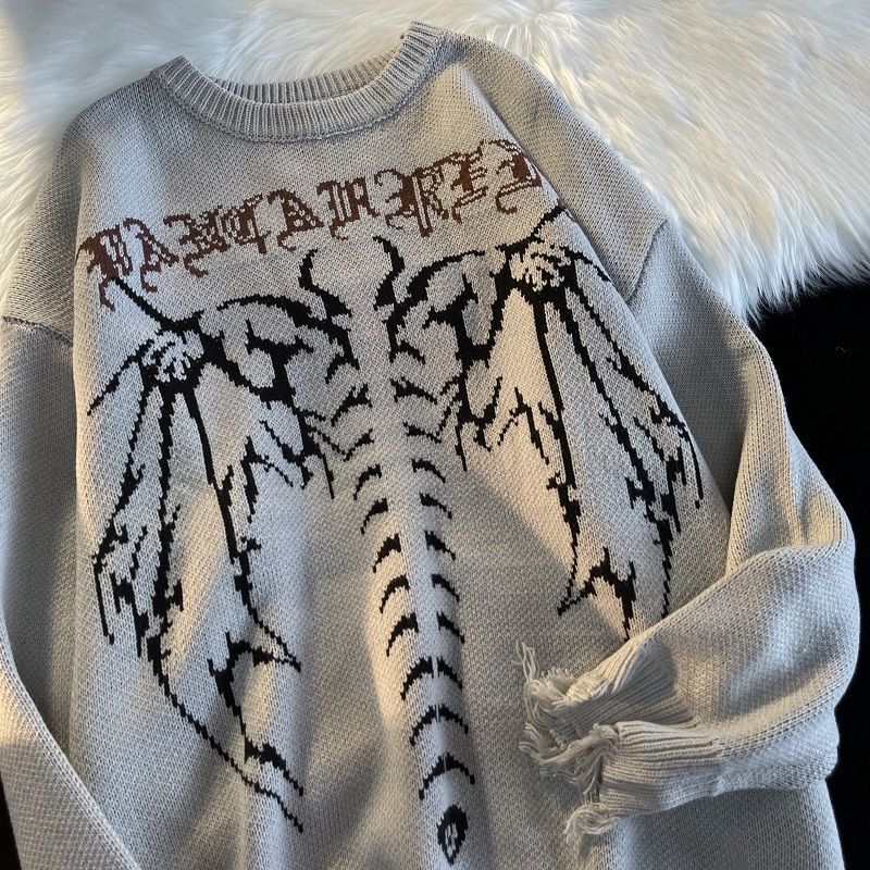 고딕 편지 풀오버 힙합 Streetwear 박쥐 해골 인쇄 새로운 니트 스웨터 Menautumn 하라주쿠 코튼 스웨터 여성 2022