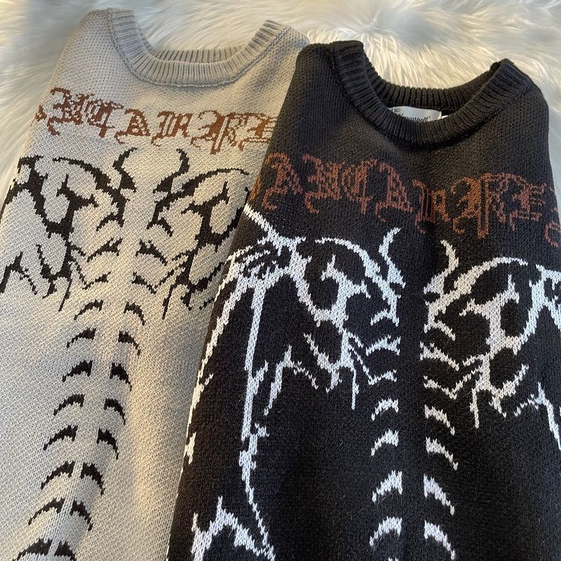 고딕 편지 풀오버 힙합 Streetwear 박쥐 해골 인쇄 새로운 니트 스웨터 Menautumn 하라주쿠 코튼 스웨터 여성 2022 - imaget 1