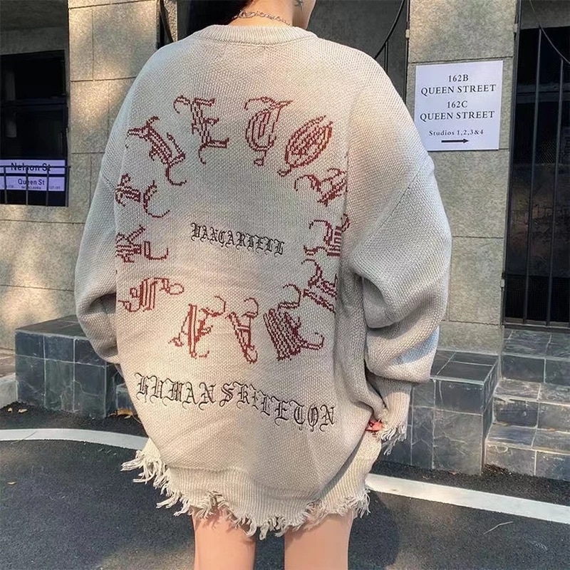 고딕 편지 풀오버 힙합 Streetwear 박쥐 해골 인쇄 새로운 니트 스웨터 Menautumn 하라주쿠 코튼 스웨터 여성 2022
