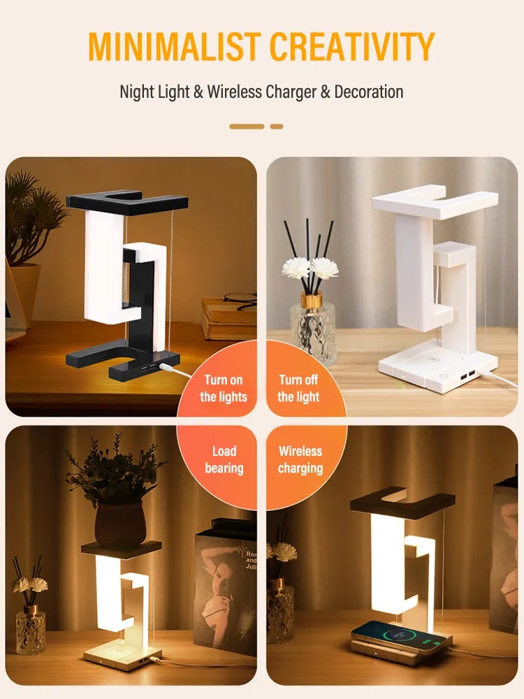 침실 머리맡 데스크탑 장식 선물에 대 한 Dimmable 10W 무선 충전기 책상 램프와 LED 일시 중단 된 반 중력 밤 빛 침실 머리맡 데스크탑 장식 선물에 대 한 Dimmable 10W 무선 충전기 책상 램프와 LED 일시 중단 된 반 중력 밤 빛